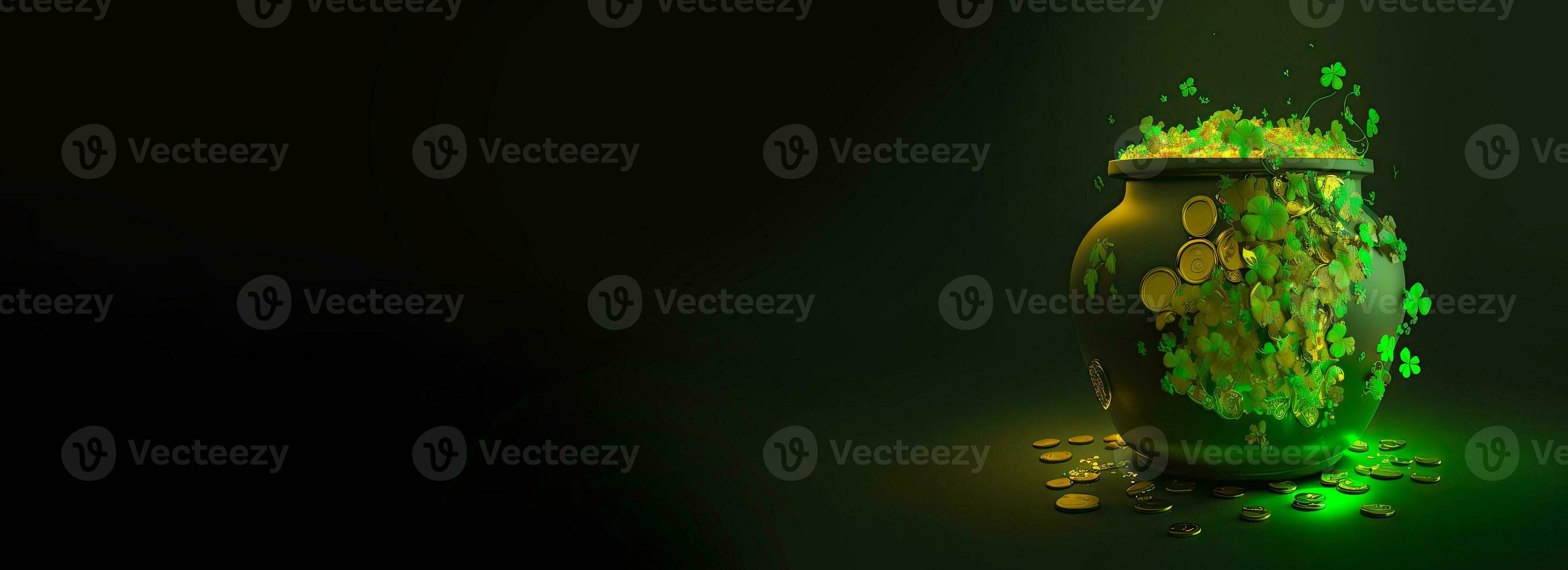 3D Render of Golden Coins Pot Decorated By Clover Leaves And Copy Space. St. Patrick's Day Concept. photo