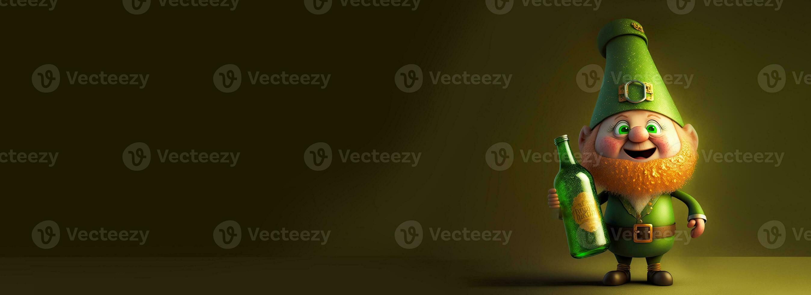 3D Render of Cheerful Leprechaun Man Holding Alcohol Bottle On Olive Green Background. St. Patrick's Day Concept. photo