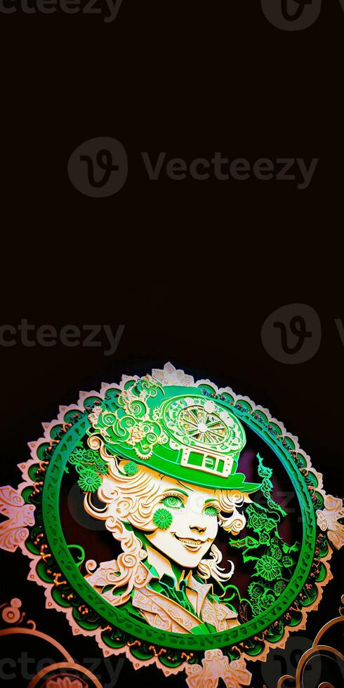 Clay Modeling of Attractive Female Leprechaun Inside Vintage Circular Frame. 3D Render, St. Patrick's Day Concept. photo