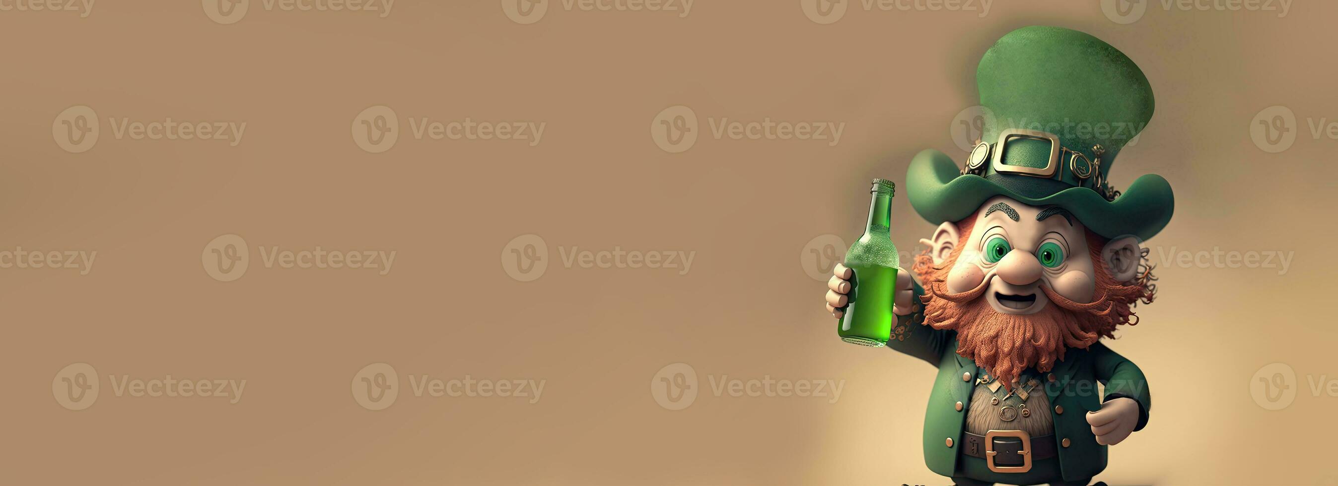 3D Render of Cheerful Leprechaun Man Enjoying Drink On Brown Background And Copy Space. St. Patrick's Day Concept. photo