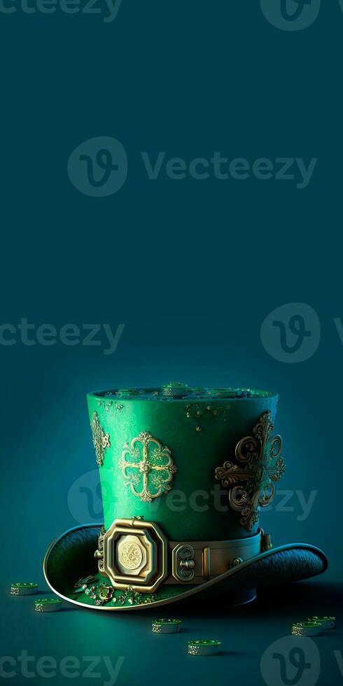 3D Render of Golden And Green Clover Leaves Printed Leprechaun Hat, Coins On Blue Background. St. Patrick's Day Concept. photo