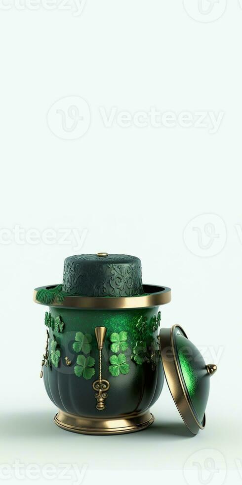 3D Render of Golden And Green Antique Pot With Decorative Clover Leaves. St. Patrick's Day Concept. photo