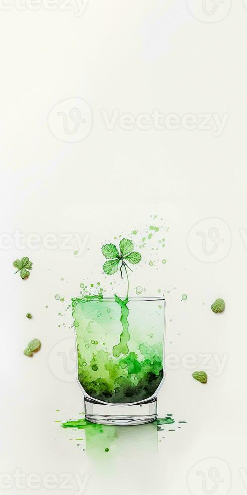 3D Render of Splashing Green Cocktail Drink Glass With Clover Leaves And Copy Space. St Patricks Day Concept. photo