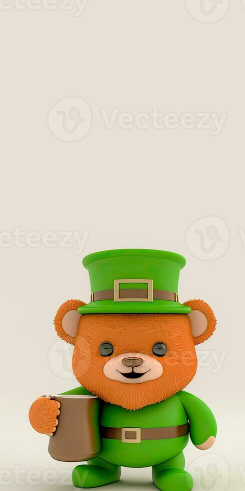 3D Render of Cute Teddy Bear Wearing Leprechaun Dress And Holding Mug On Beige Background With Copy Space. St. Patrick's Day Concept. photo