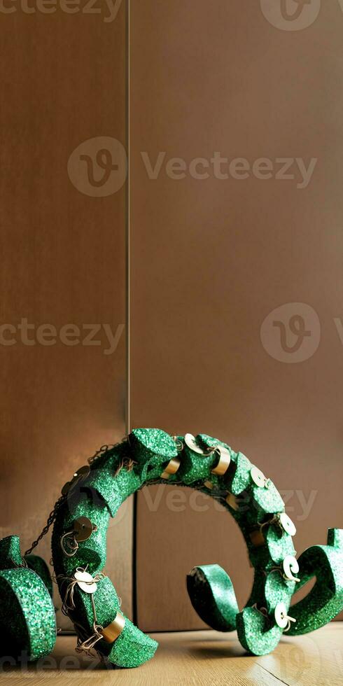3D Render of Green And Golden Horseshoe Element On Brown Wooden Background With Copy Space. St. Patrick's Day Concept. photo