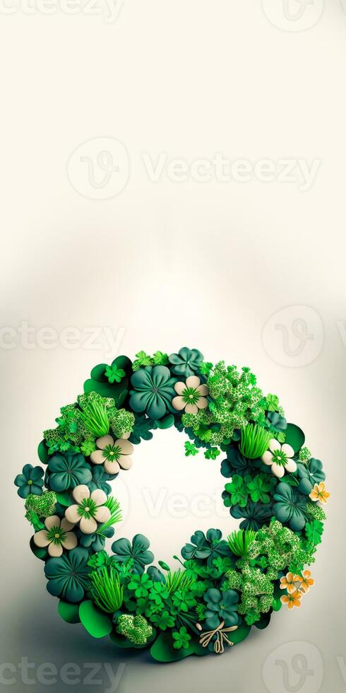 3D Render of Clover And Tropical Leaves Forming Wreath Against Gray Background With Copy Space. St. Patrick's Day Concept. photo