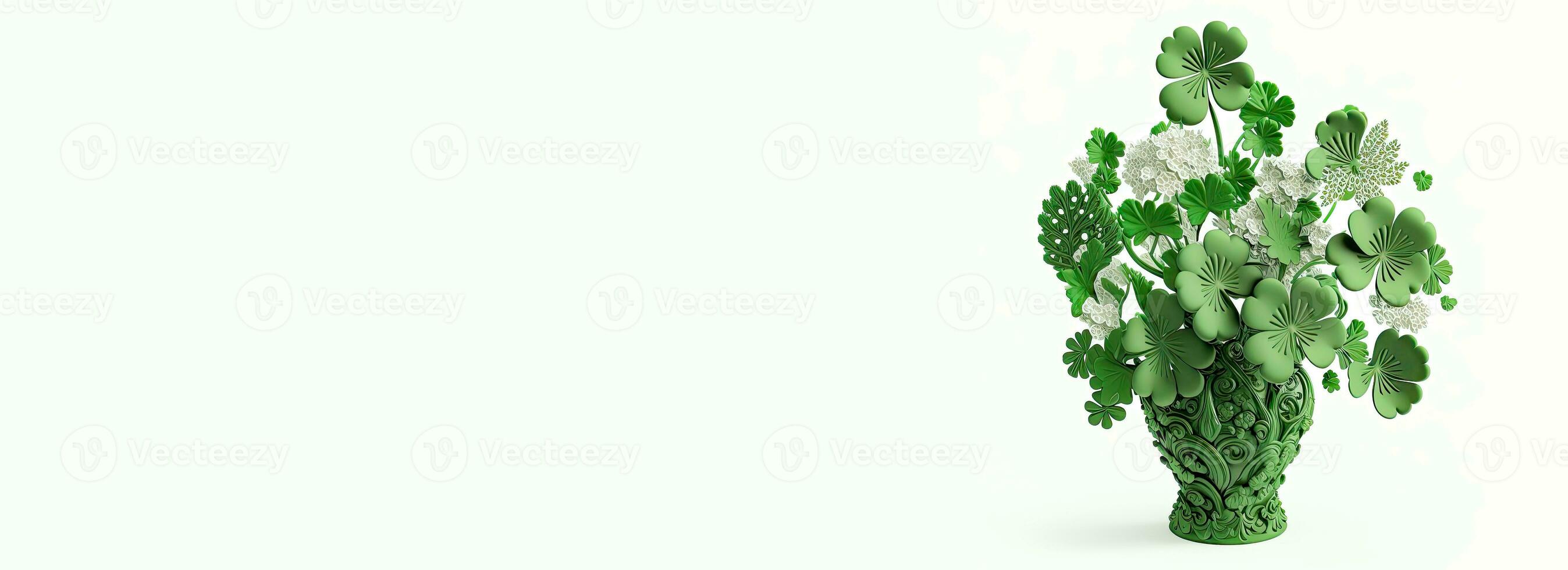 3D Render of Green And White Clover Plant Pot On White Background. St. Patrick's Day Concept. photo