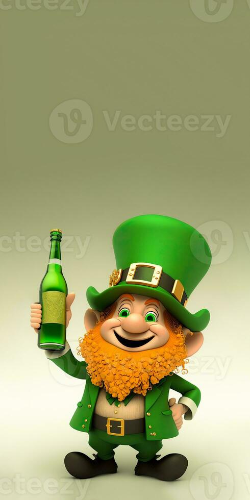 3D Render of Cheerful Leprechaun Man Character Holding Alcohol Bottle On Pastel Green Background. St. Patrick's Day Concept. photo