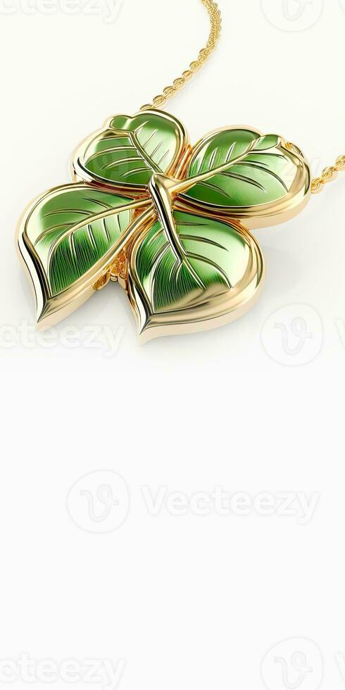 3D Render of Glossy Green And Golden Clover Leaves Pendant Or Locket And Copy Space. St Patricks Day Concept. photo