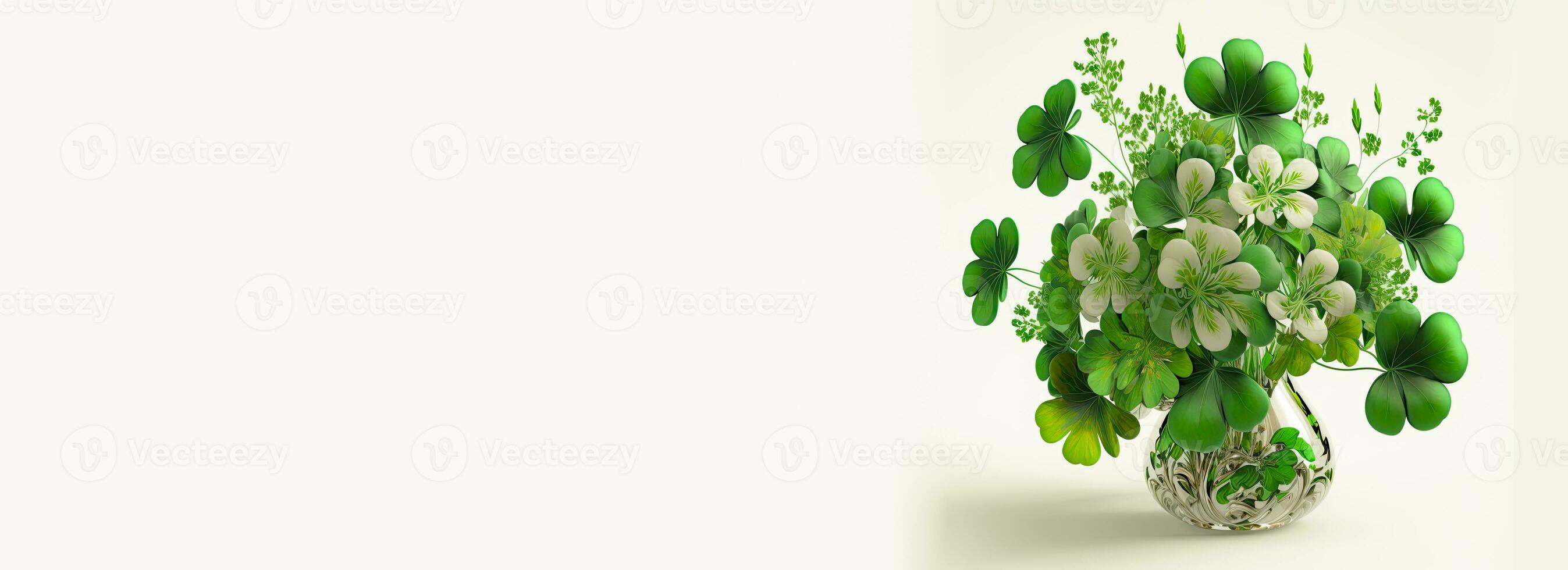 3D Render of Beautiful Clover Plant Pot In White And Green Color. St. Patrick's Day Concept. photo