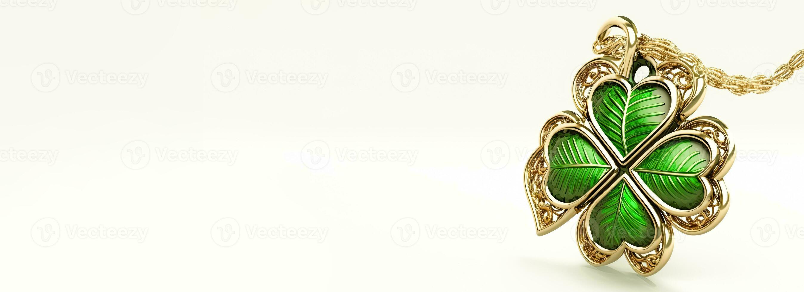 3D Render of Glossy Green And Golden Clover Pendant And Copy Space. St Patricks Day Concept. photo