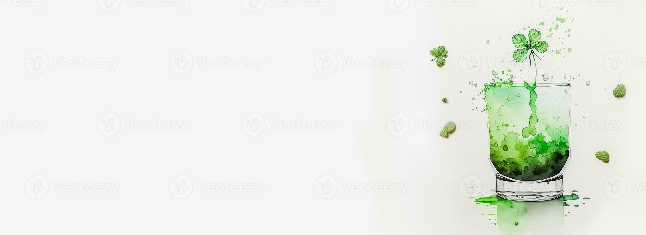 3D Render of Splashing Green Cocktail Drink Glass With Clover Leaves And Copy Space. St Patricks Day Concept. photo