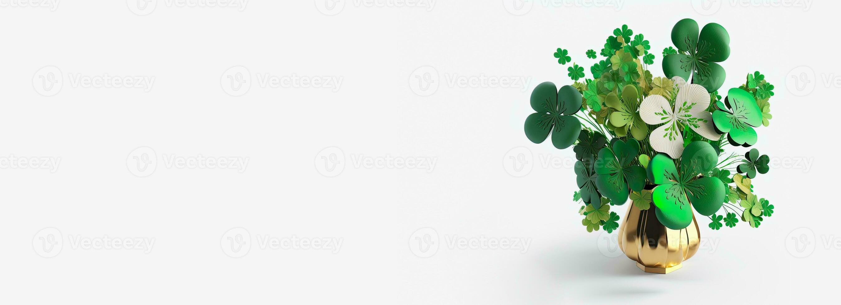 3D Render of Green And Golden Clover Plant Pot On White Background. St. Patrick's Day Concept. photo