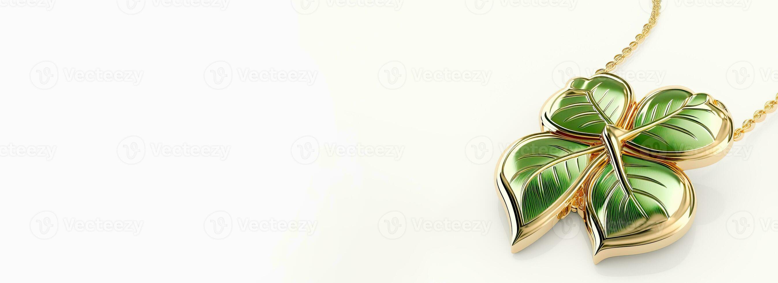 3D Render of Glossy Green And Golden Clover Leaves Pendant Or Locket And Copy Space. St Patricks Day Concept. photo