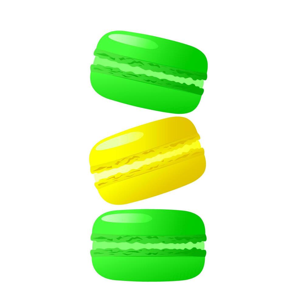 Yellow and green macarons. Gradient macarons.Highly detailed dessert, macaroon, sweets, menu design, restaurants shop.Vector traditional french cookies in cartoon style.Vector illustration vector