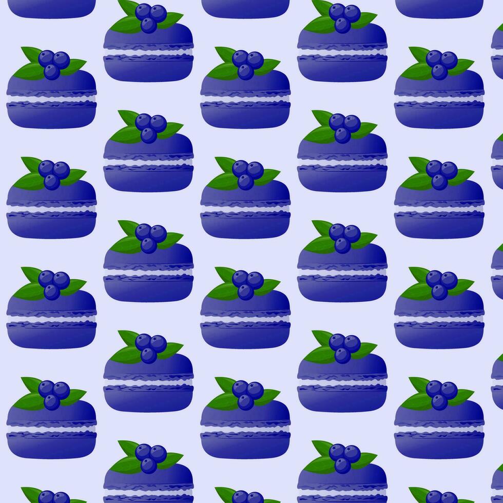 Seamless pattern blue macarons with  blueberries.Highly detailed dessert, macaroon, sweets, menu design, restaurants shop. Gradient macarons.Vector illustration vector