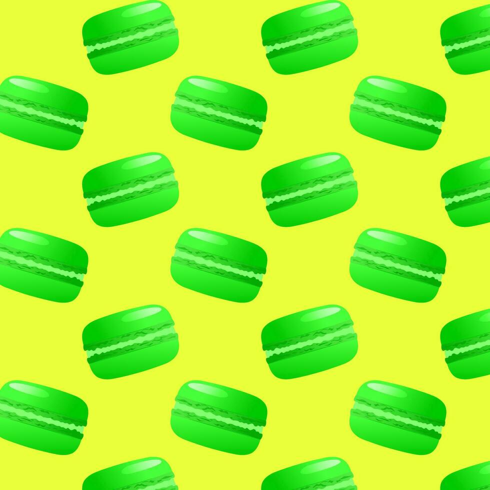 Seamless pattern lime macarons on yellow background.Gradient macarons.Vector traditional french cookies in cartoon style.Vector illustration vector