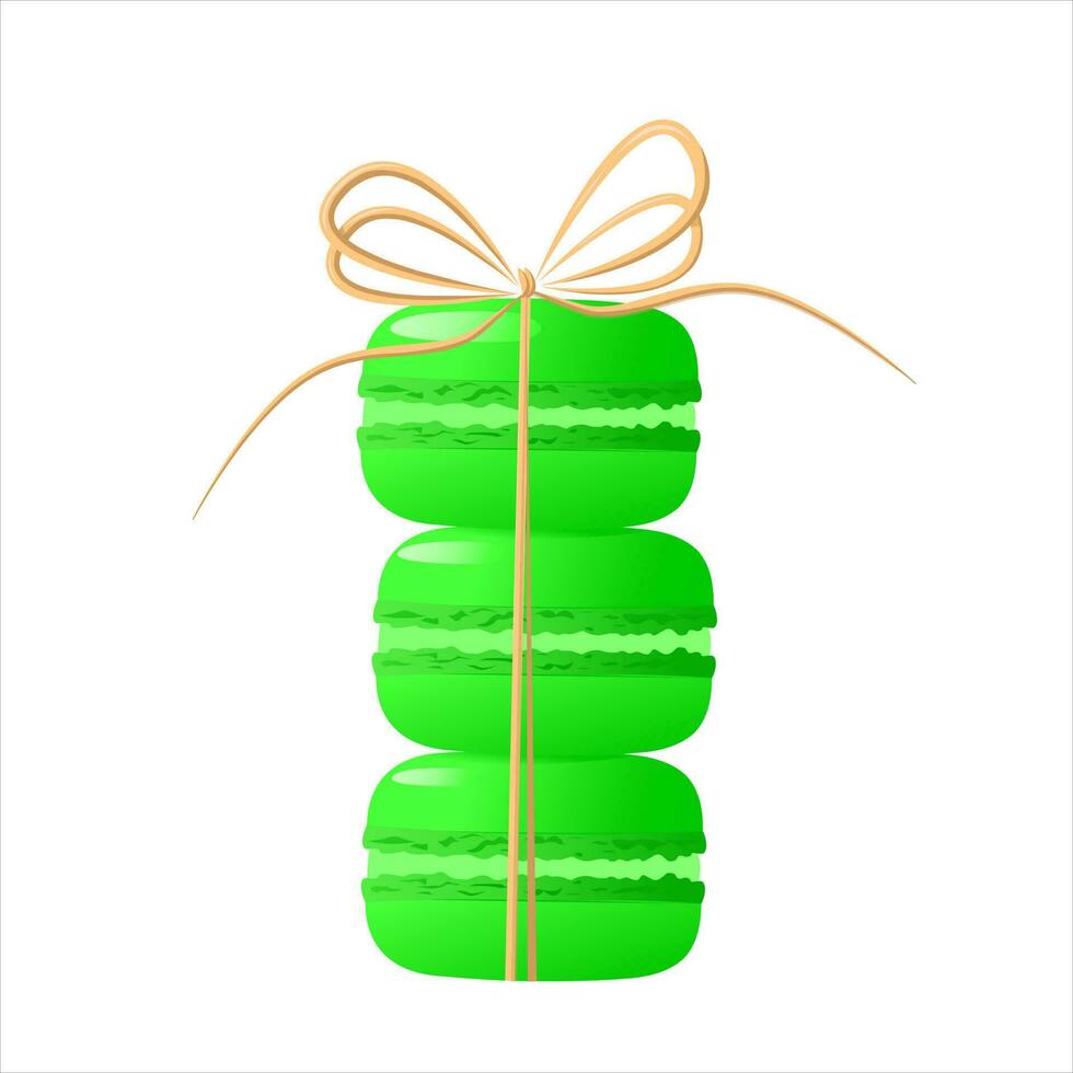 Horizontal stack lime macarons tied with a bow.Composition of lime macaroon isolated on white background.Gradient macarons. Vector traditional french cookies in cartoon style.Vector illustration