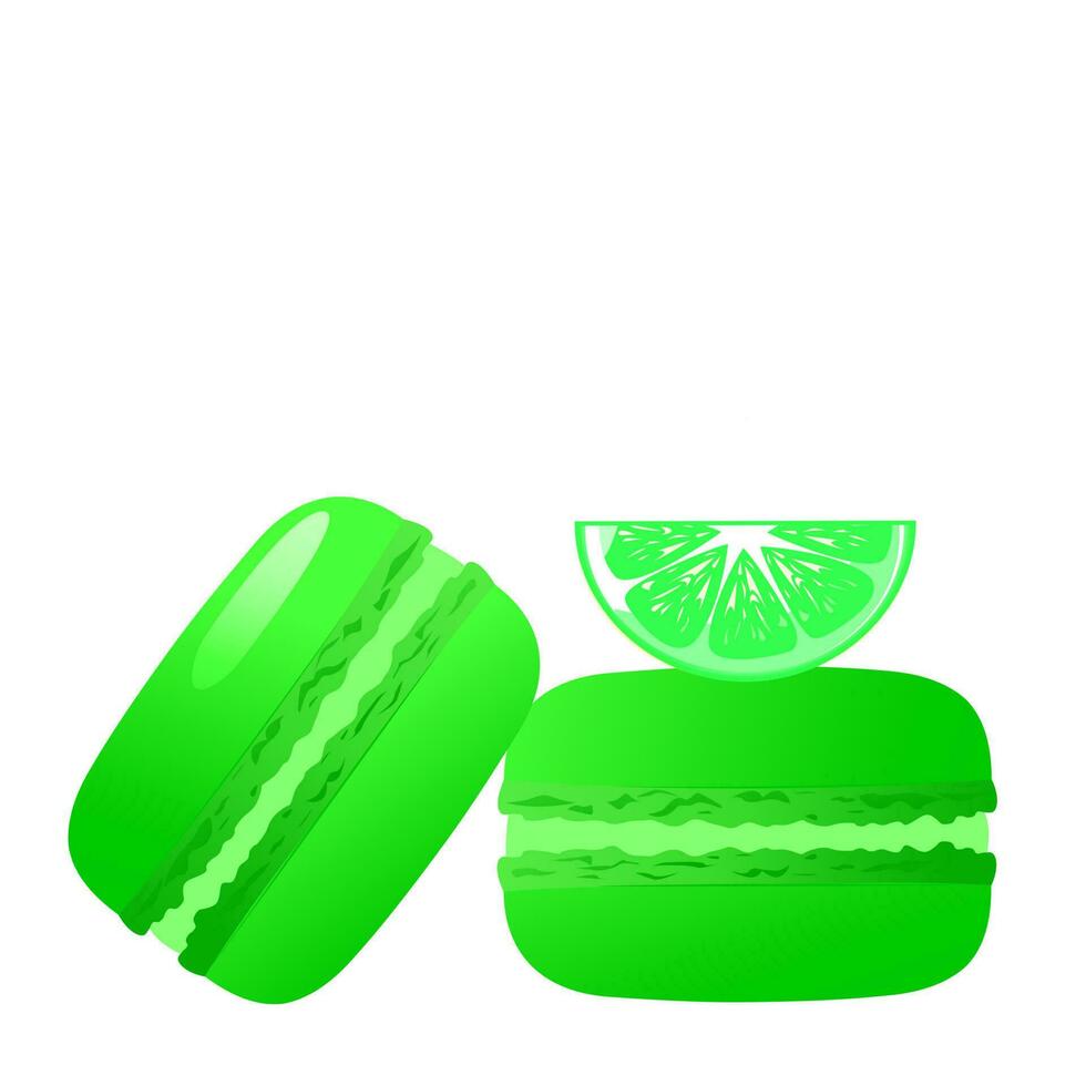 Lime macarons with lime slice.Composition of lime macaroon isolated on white background.Gradient macarons. Vector traditional french cookies in cartoon style.Vector illustration