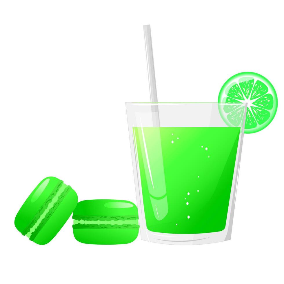 Lime macarons and glass of lime juice or lemonade. Gradient macarons.The design concept of a web page,advertising,cafe,menu. Vector illustration