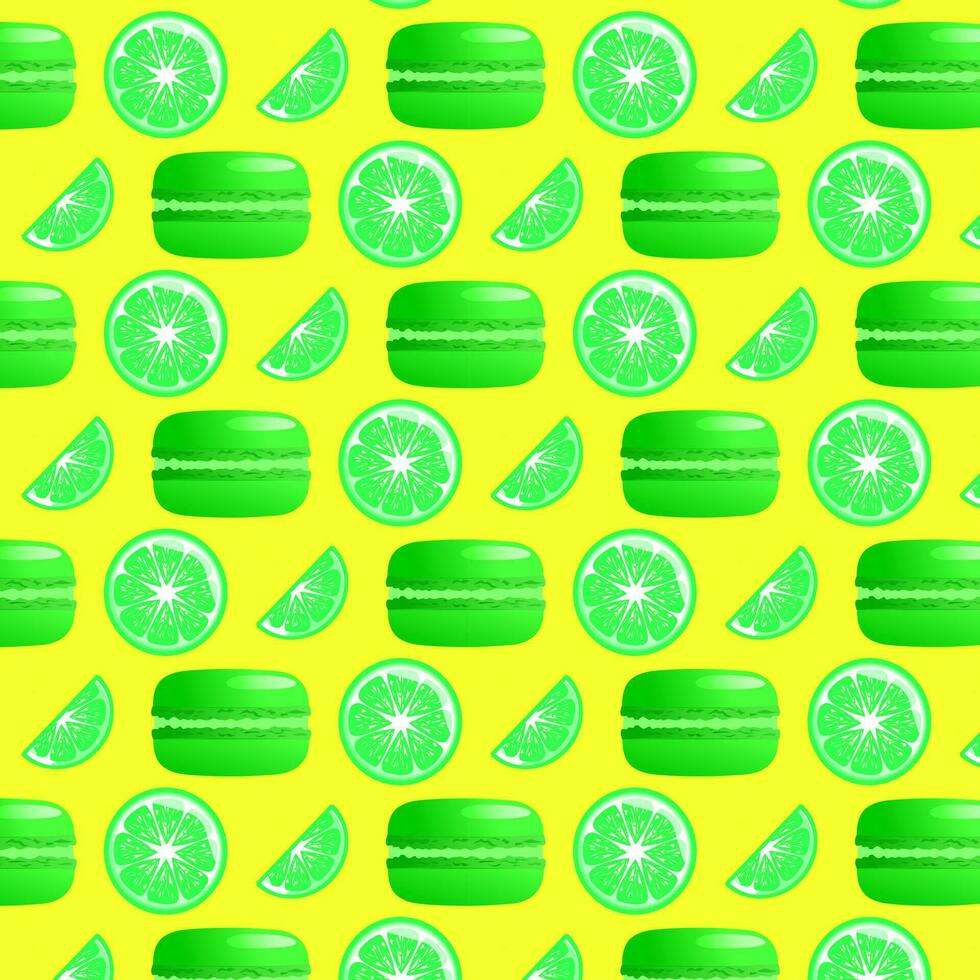 Seamless pattern lime macarons and lime slice. Gradient macarons. Vector traditional french cookies in cartoon style.Vector illustration