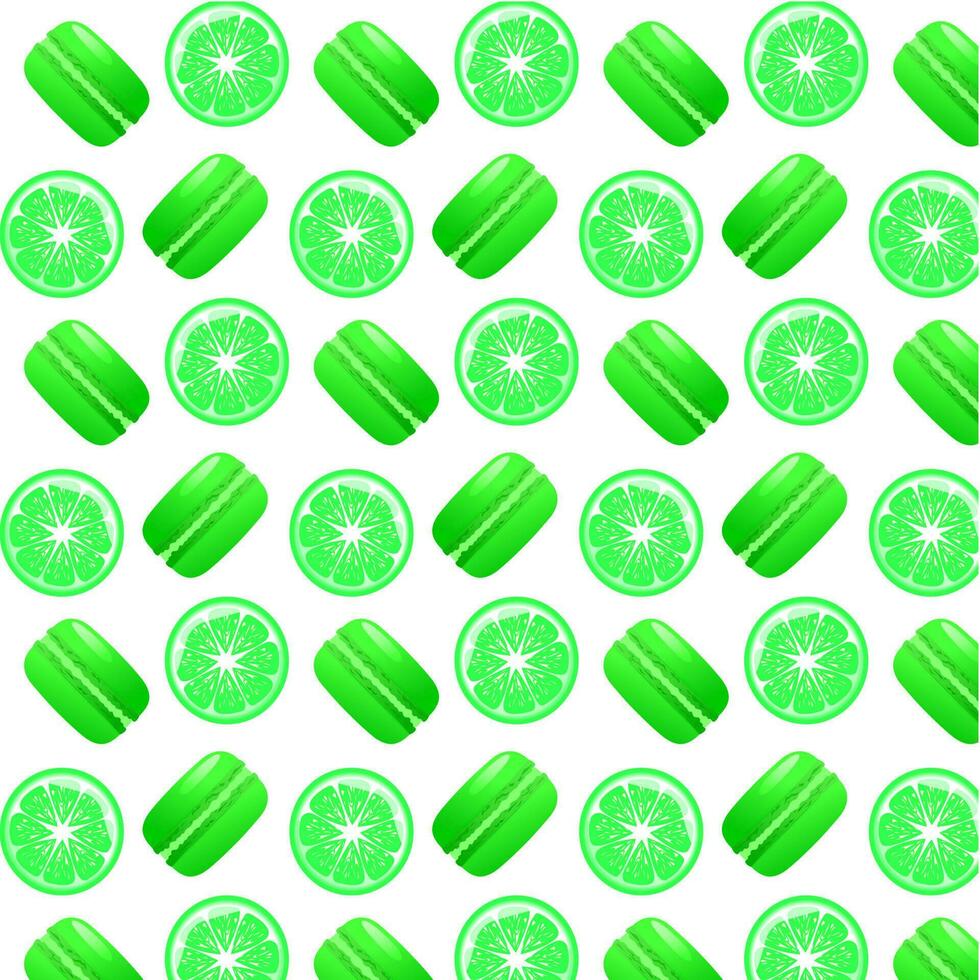 Seamless pattern lime macarons and lime slice. Gradient macarons. Vector traditional french cookies in cartoon style.Vector illustration