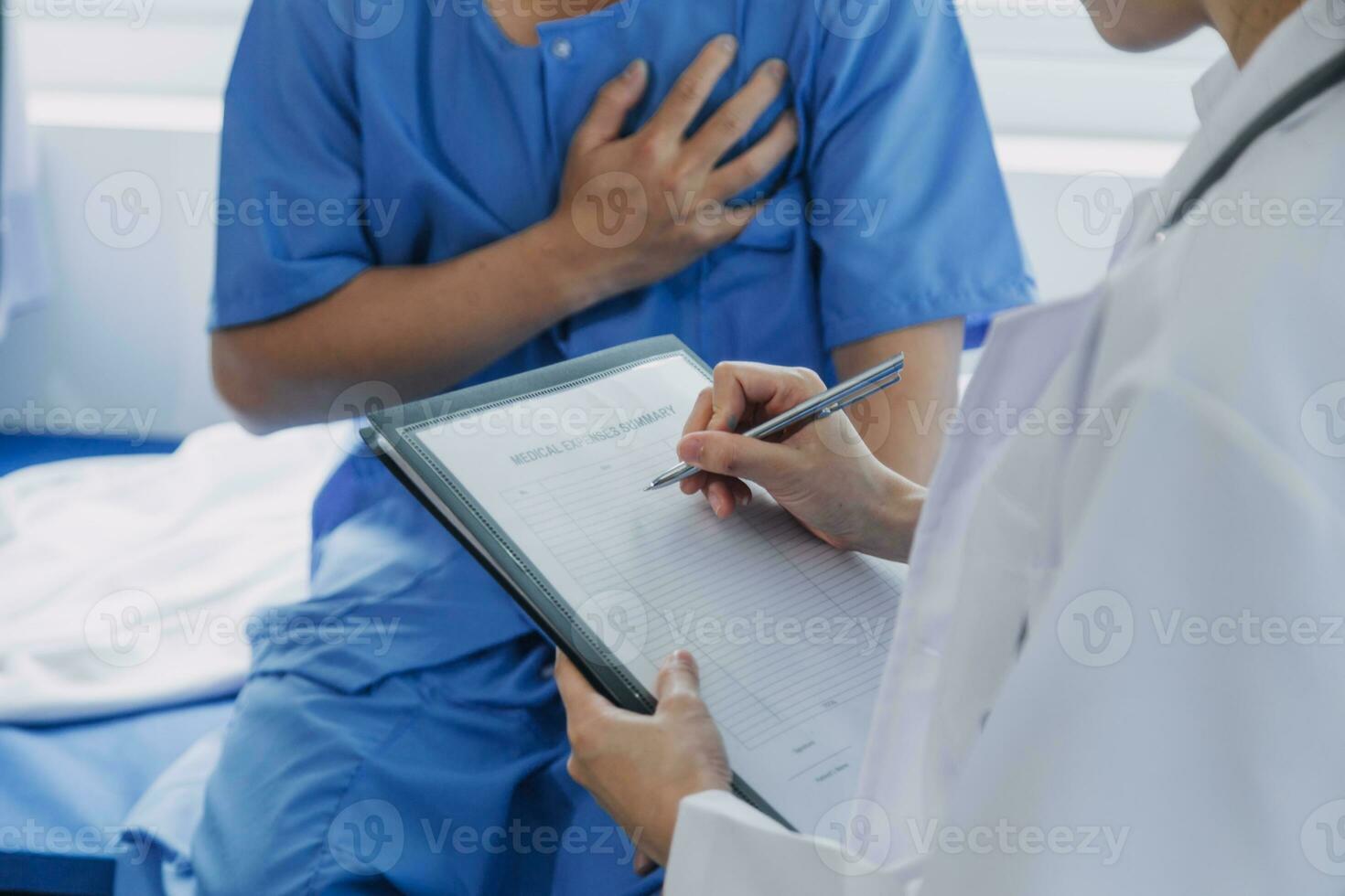 Male patient having consultation with doctor or psychiatrist who working on diagnostic examination on men's health disease or mental illness in medical clinic or hospital mental health service center photo