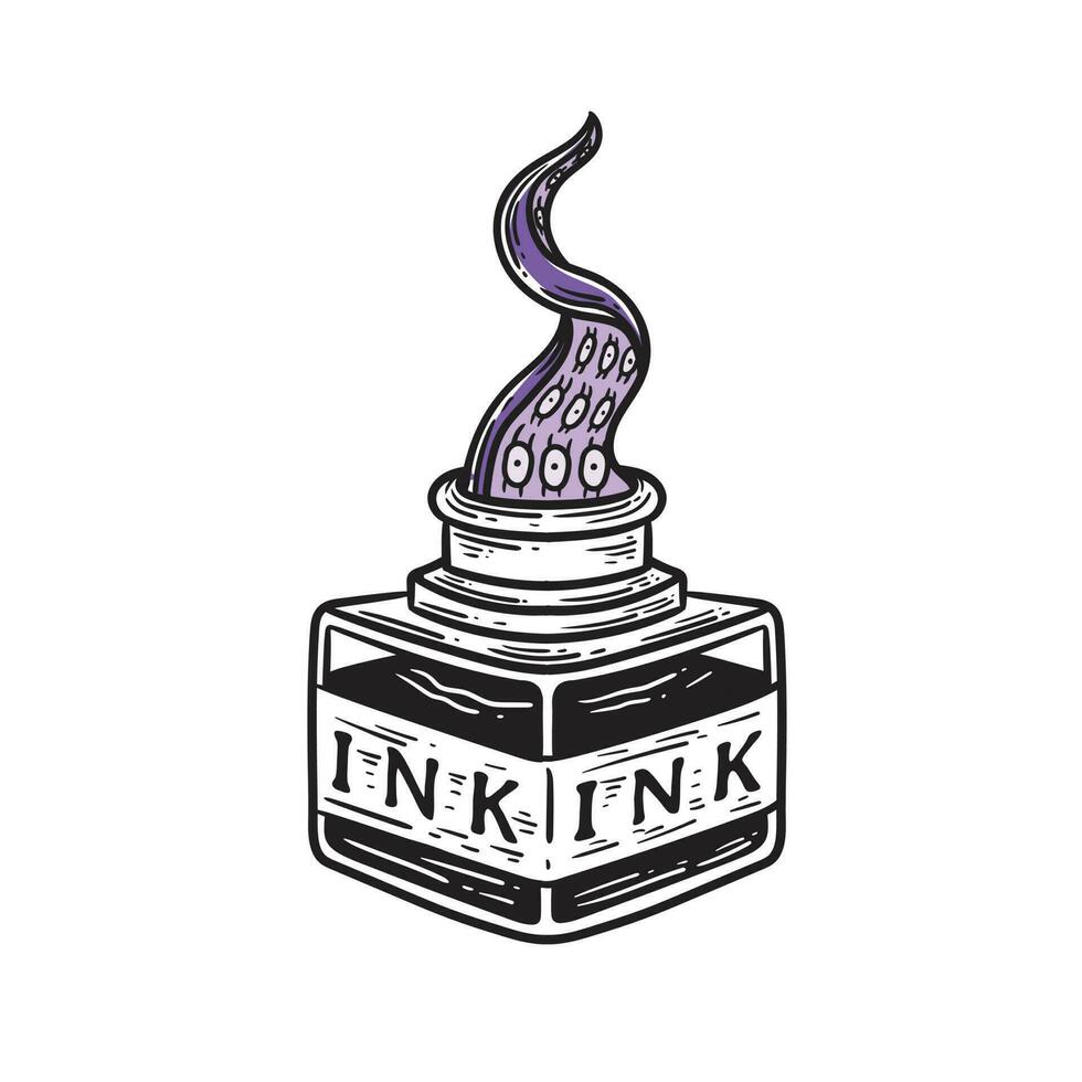 vintage illustration of an ink bottle with tentacles popping out of it vector