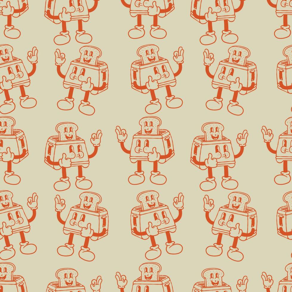 seamless pattern of toaster and bread character cartoon in vintage style vector