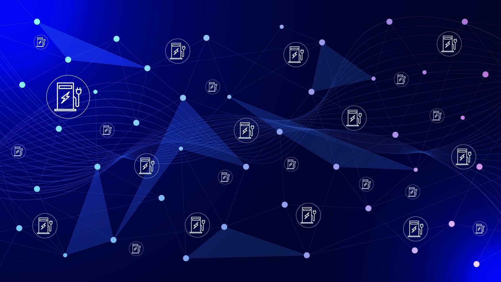 Abstract plexus with connected dots lines and EV charging station for technology background design. Vector illustration.