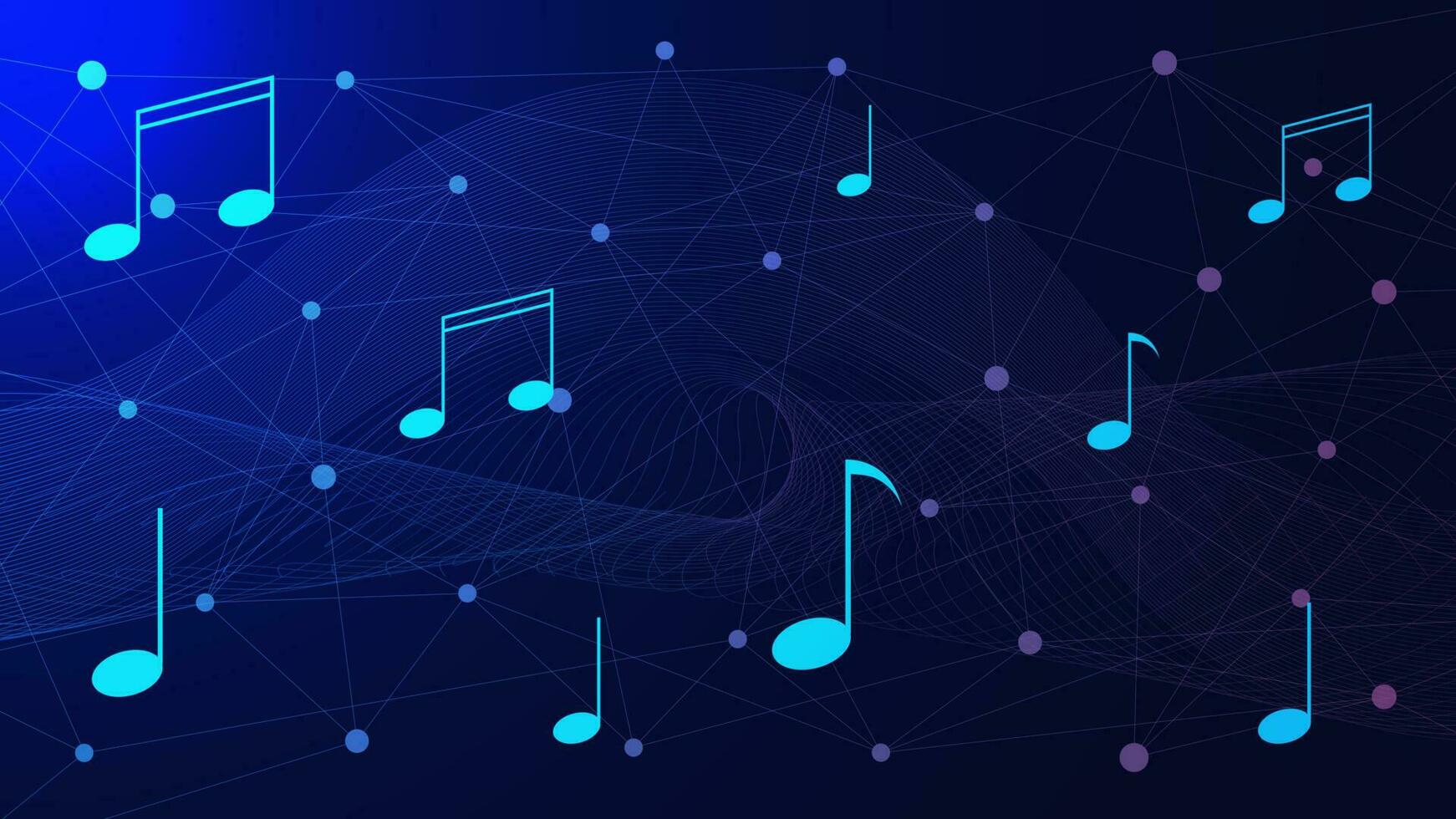 Music notes with dots and lines connection for studio, audio technology on blue background. Vector illustration.