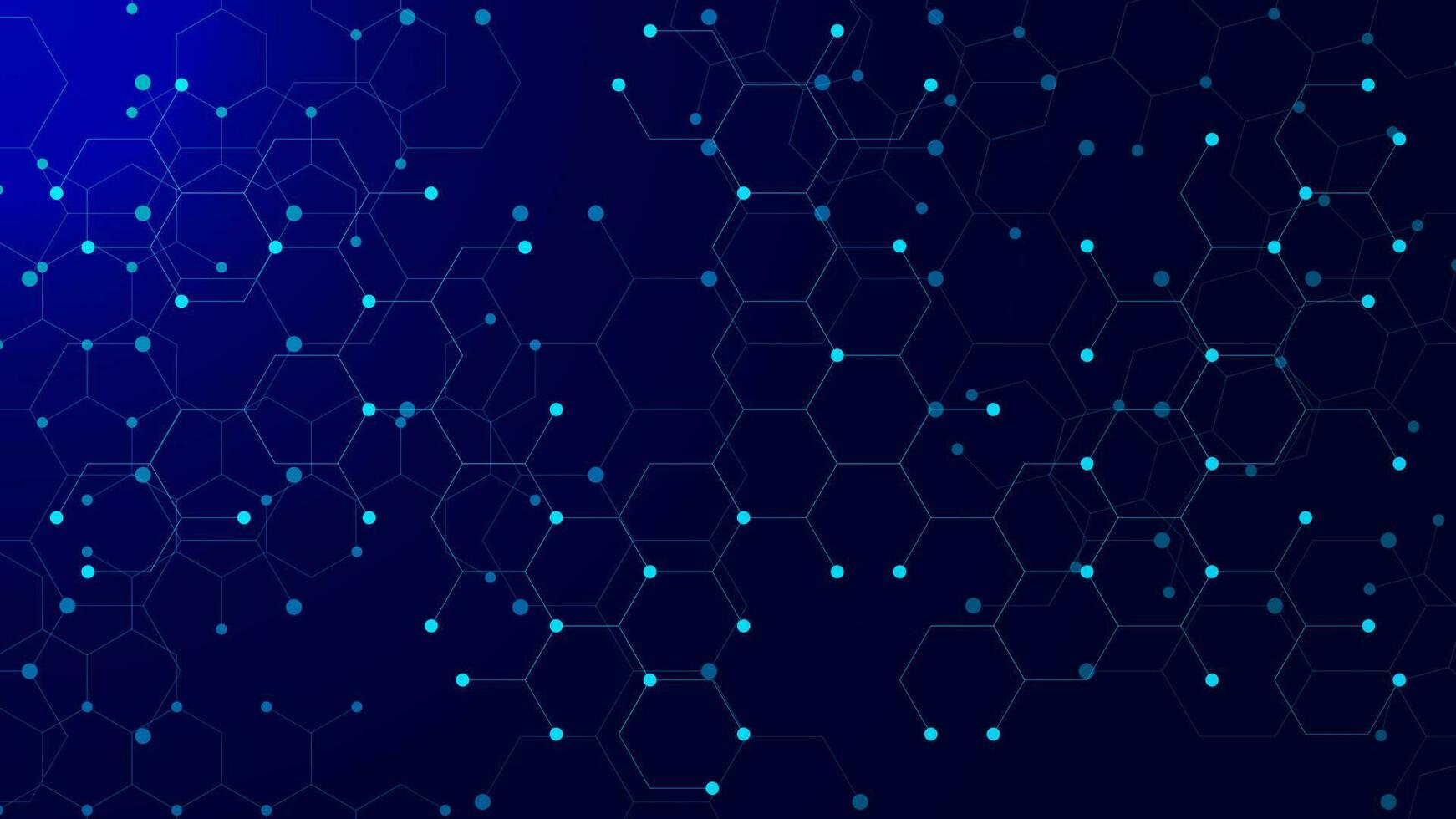 Hexagonal molecule with glowing particles for genetic and chemical compound system concept. Connected dots and lines. Science and technology background. Vector illustration.