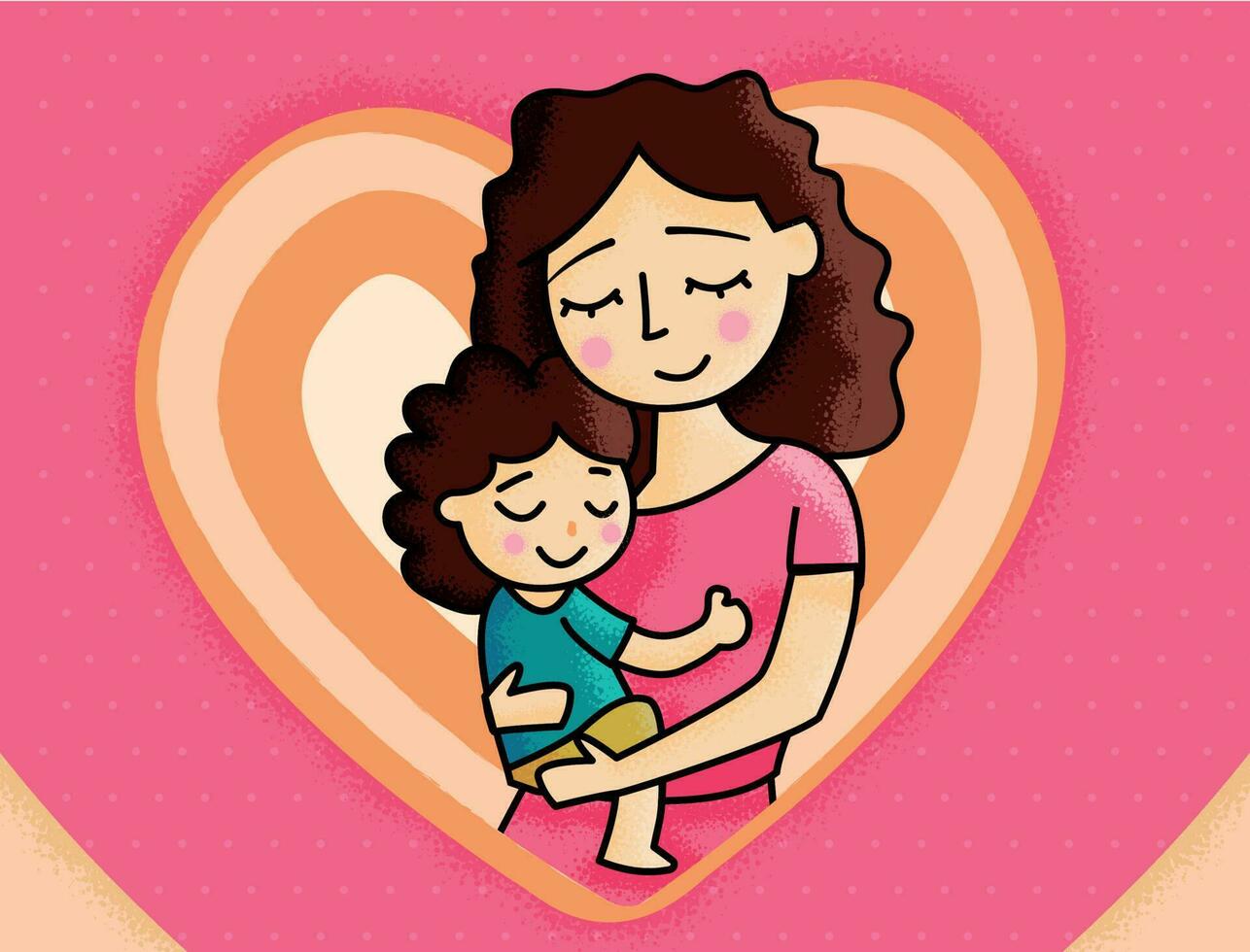 mom and children hug ilustration cartoon mothers day kid brown hair vector