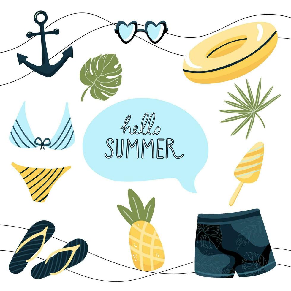 Summer collection. Set of cute summer elements clothes, leaves, fruits, swimming circle, anchor. Perfect for summertime poster, card, banners. Hand drawn vector illustration