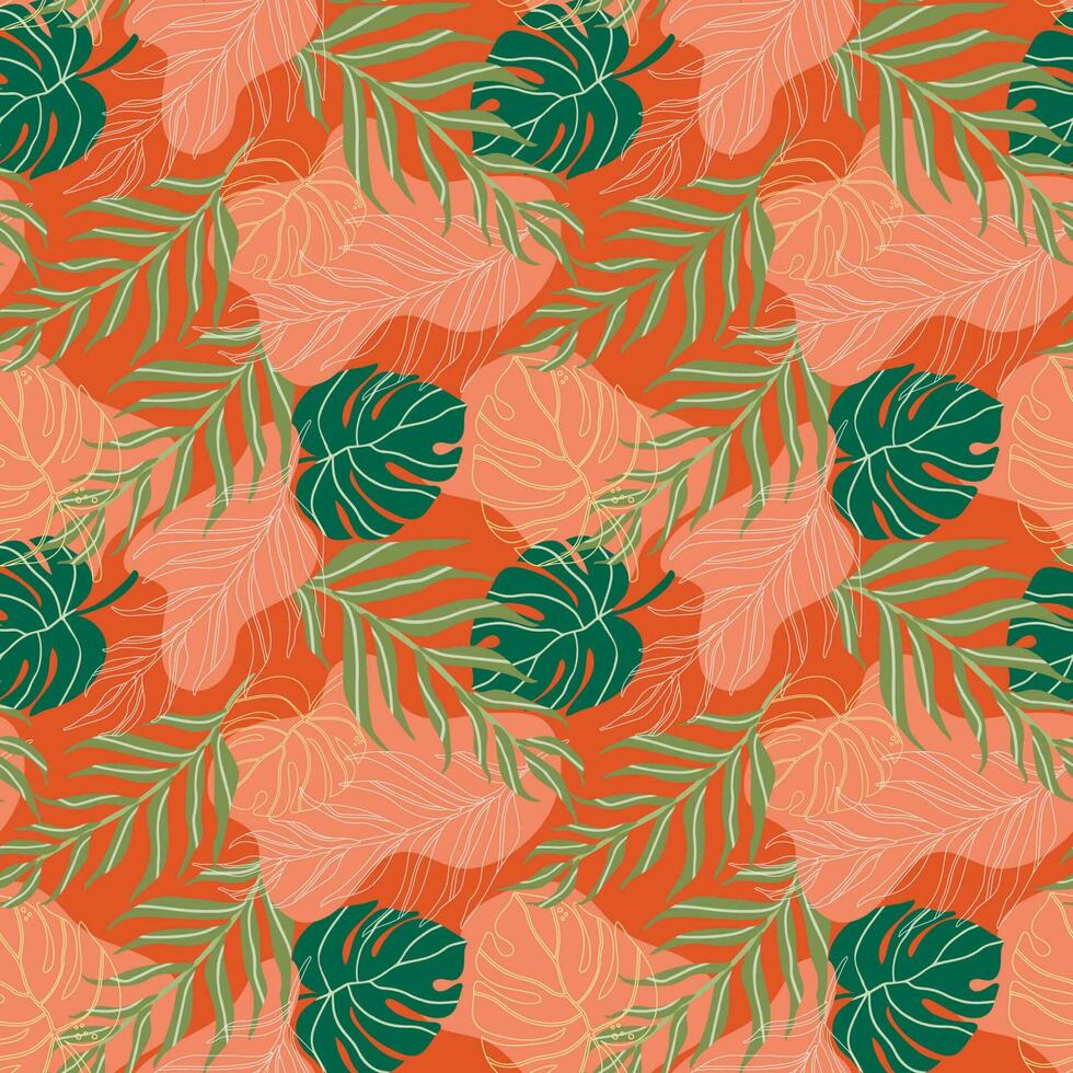 Colorful seamless summer pattern with hand drawn leaves. Fashion print design, vector illustration