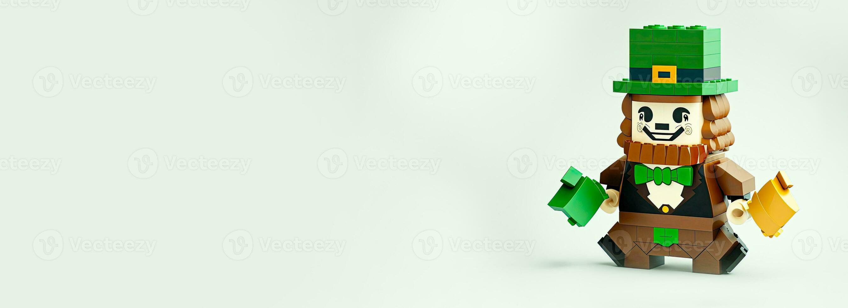 3D Render of Pixel Art or Blocks Leprechaun Toy Holding Hammers And Copy Space. St. Patrick's Day Concept. photo