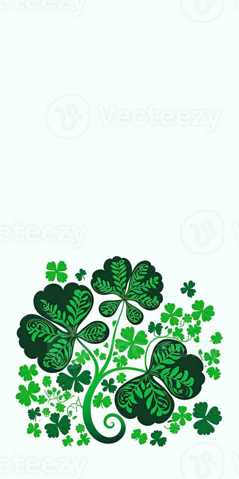 Green Clover Leaves Decorated On White Background And Copy Space. St. Patrick's Day Concept. photo