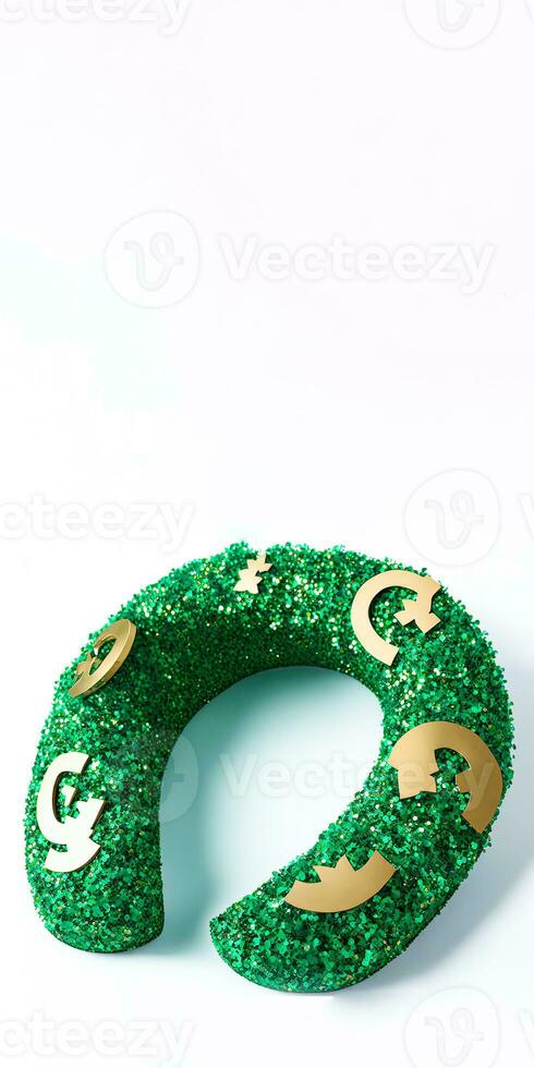 3D Render of Golden And Green Glittery Horseshoe Made By Leaves. St. Patrick's Day Concept. photo