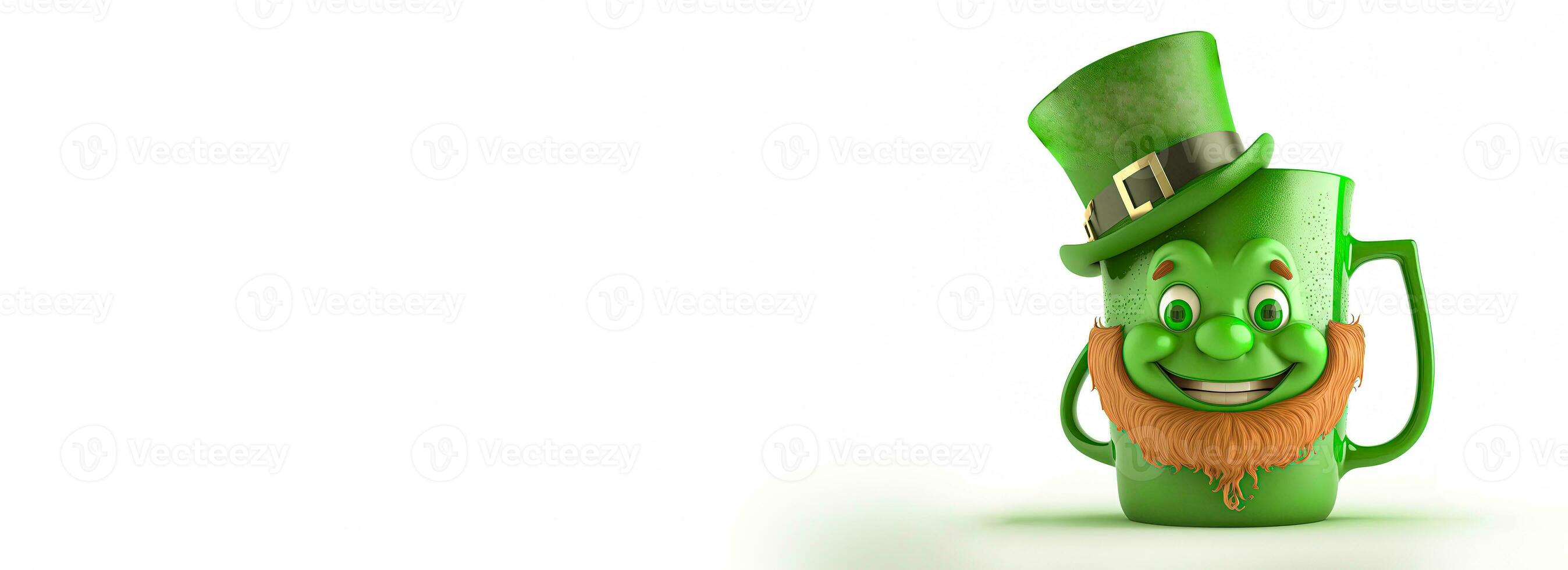 3D Render, Leprechaun Head Mug With Top Hat On White Background And Copy Space. St. Patrick's Day Concept. photo