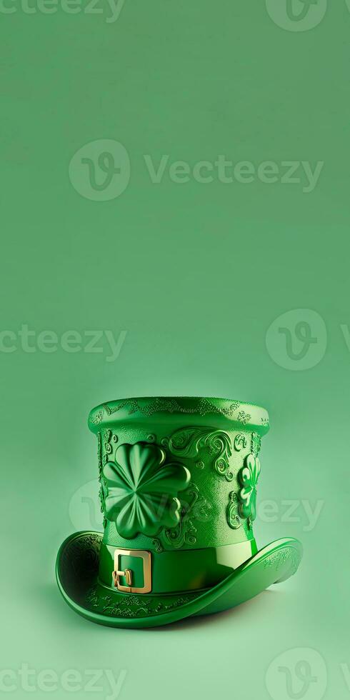 3D Render of Clover Leaves Printed Leprechaun Hat On Green Background. St. Patrick's Day Concept. photo