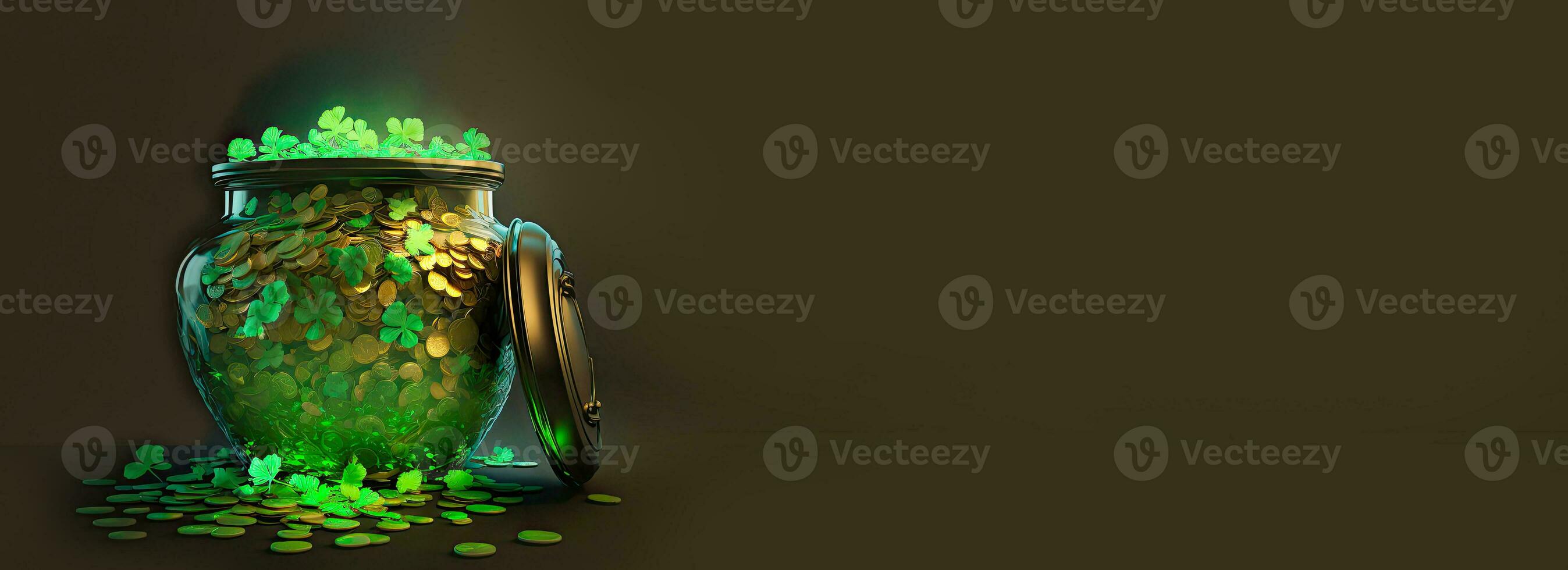 3D Render, Transparent Pot Full of Golden Coins With Clover Leaves On Dark Background. St. Patrick's Day Concept. photo