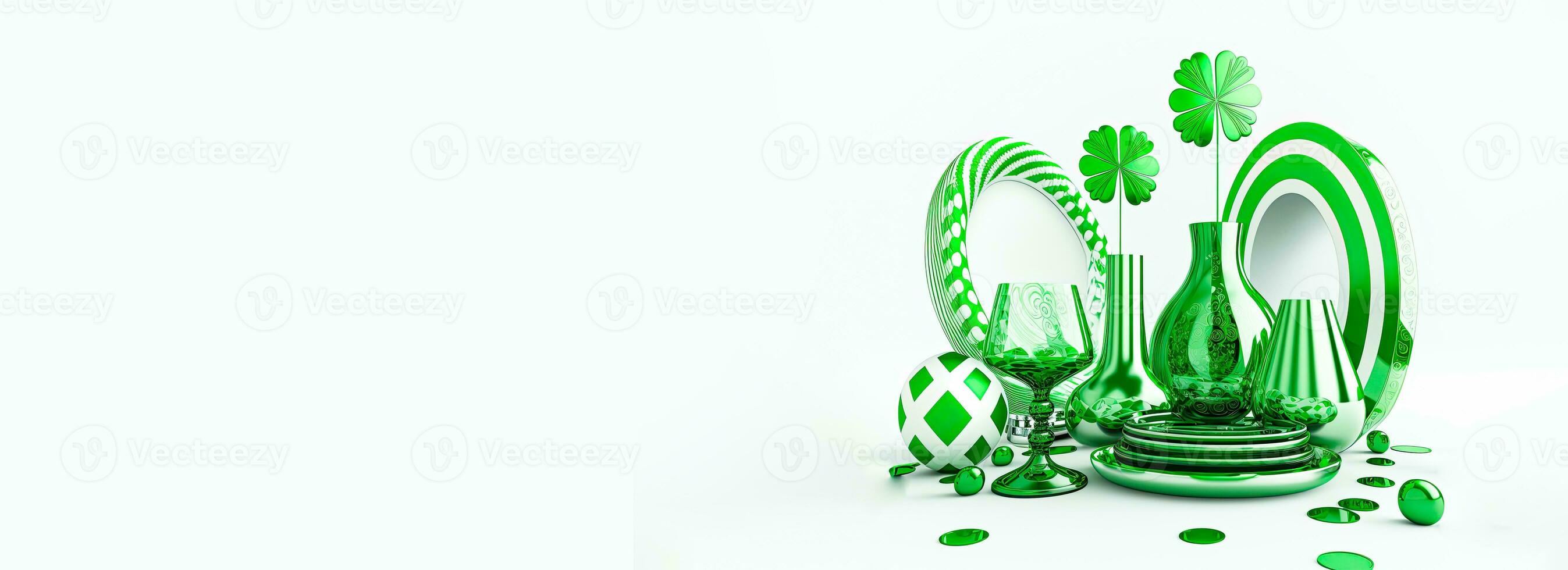 3D Render of Clover Plant Vases With Cocktail Glass, Balls Decorated Background And Copy Space. St. Patrick's Day Concept. photo