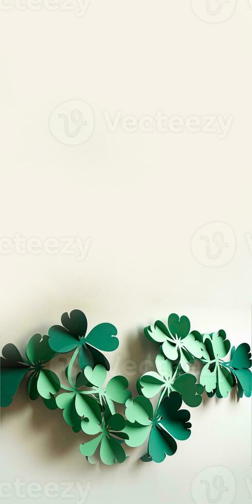 Green Paper Clover Leaves Decorated White Background And Copy Space. St. Patrick's Day Concept. photo