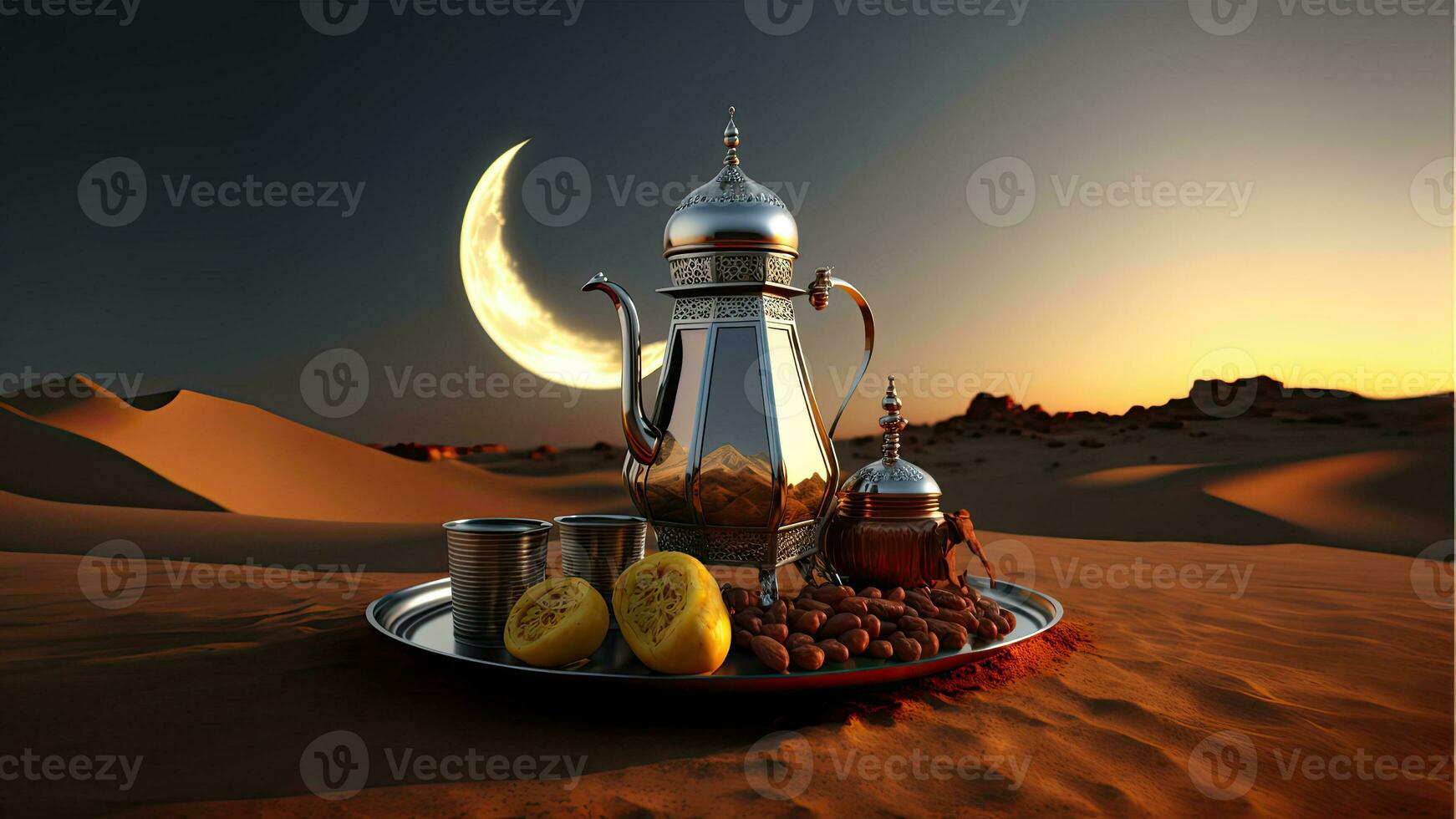 3D Render of Arabic Tea or Coffee Pot With Mug, Fruit On Plate In Night Time. Islamic Religious Concept. photo