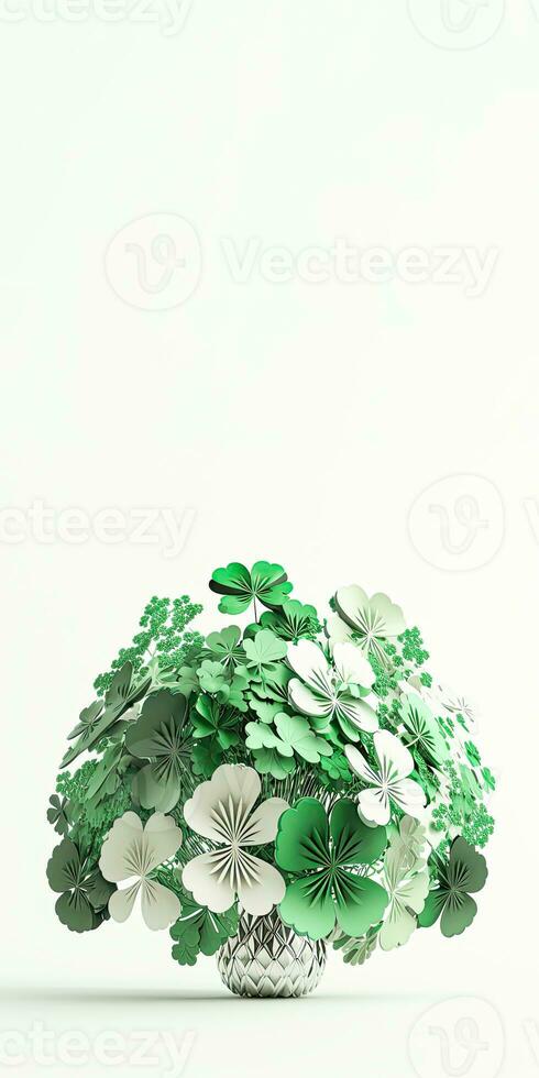 3D Render of White And Green Clover Plant Pot Against Background. St. Patrick's Day Concept. photo