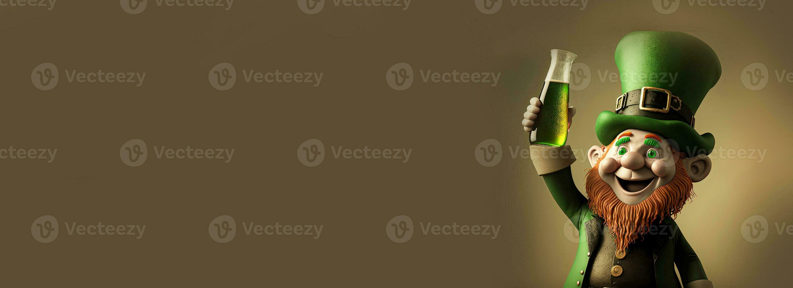 3D Render of Cheerful Leprechaun Man Enjoying Drink On Brown Background And Copy Space. St. Patrick's Day Concept. photo