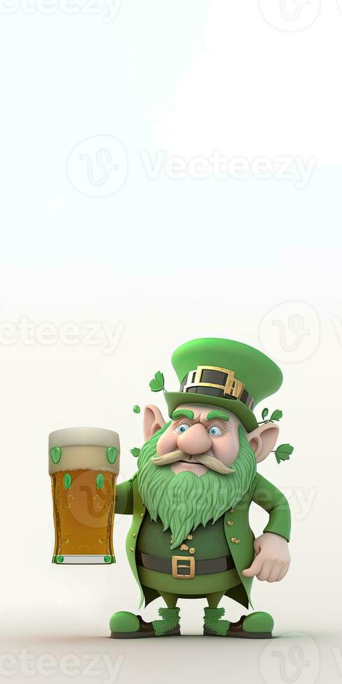 3D Render of Leprechaun Man Holding Beer Glass And Copy Space. St. Patrick's Day Concept. photo