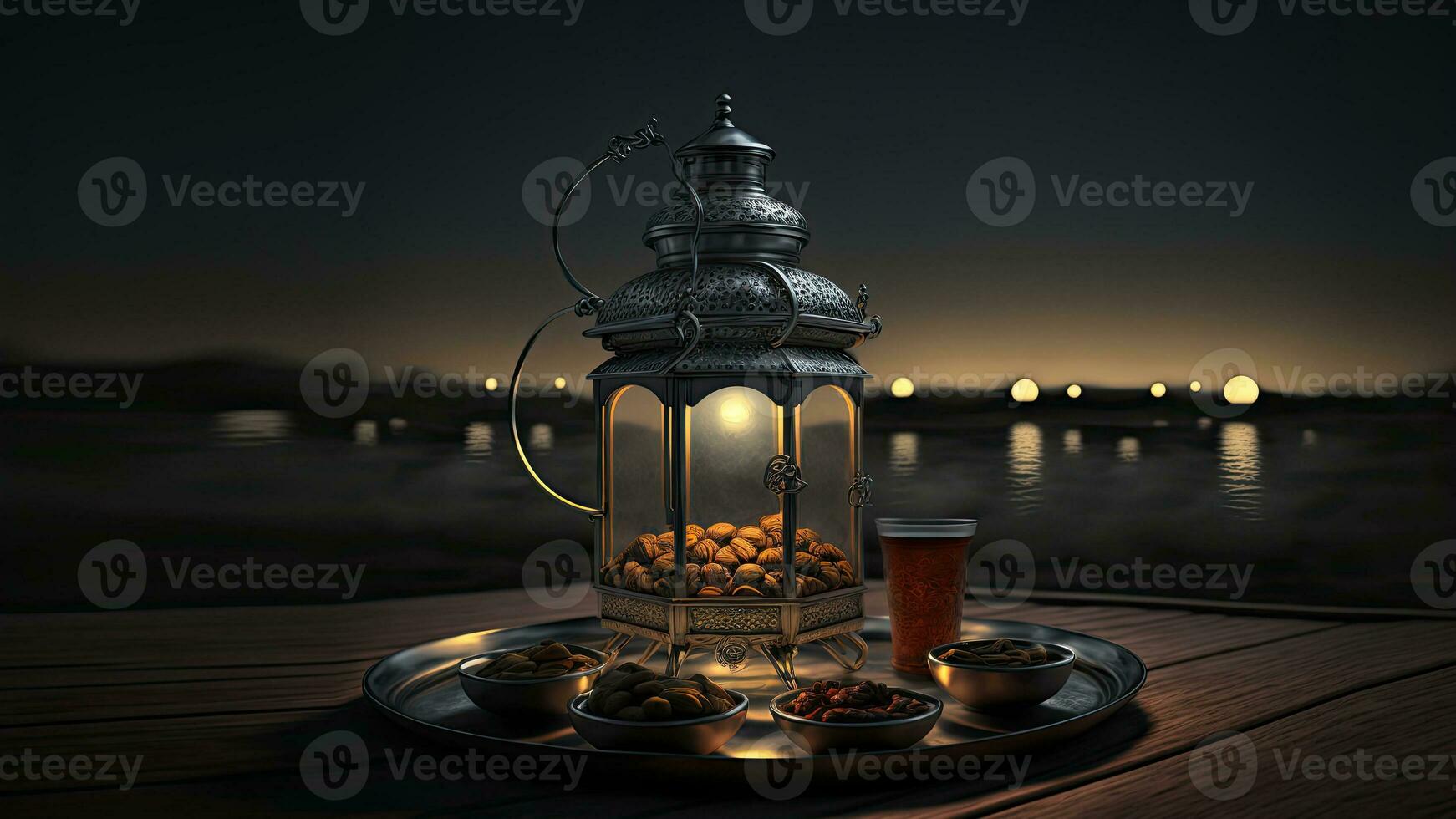3D Render of Arabic Dates Jug With Glass And Bowl On Silver Plate  And Realistic Woode Background. Islamic Religious Concept. photo
