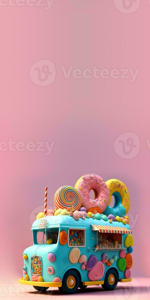 3D Render, Fantasy Colorful Food Truck of Candy Land On Pink And Blue Background. photo