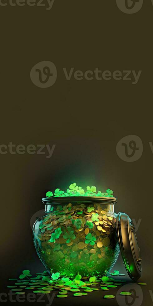 3D Render, Glassware Pot Full of Golden Coins With Clover Leaves On Dark Brown Background. St. Patrick's Day Concept. photo